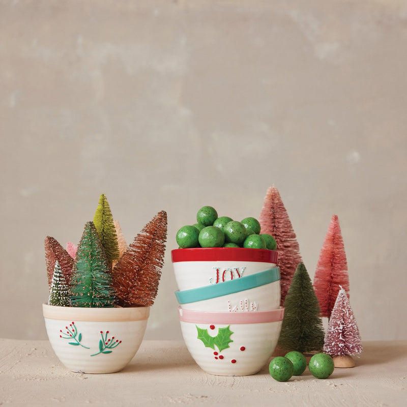 Design Shop Stoneware Bowl with Holiday Word/Botanicals, Set of 4
