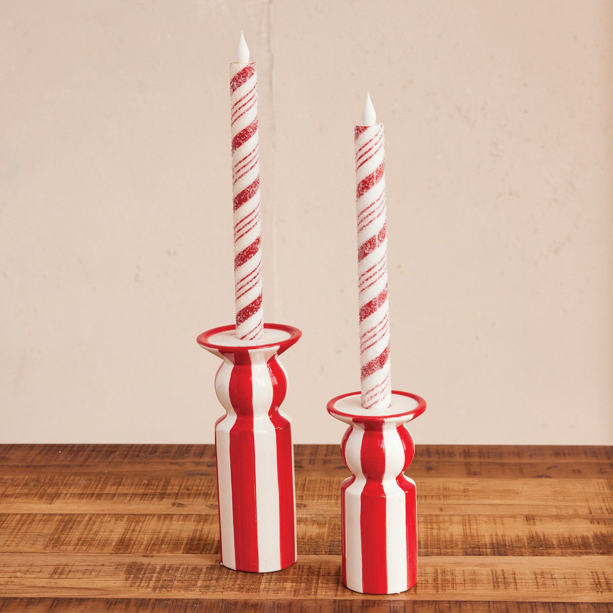 Design Shop Hand-Painted Ceramic Striped Taper Holder, Red & White