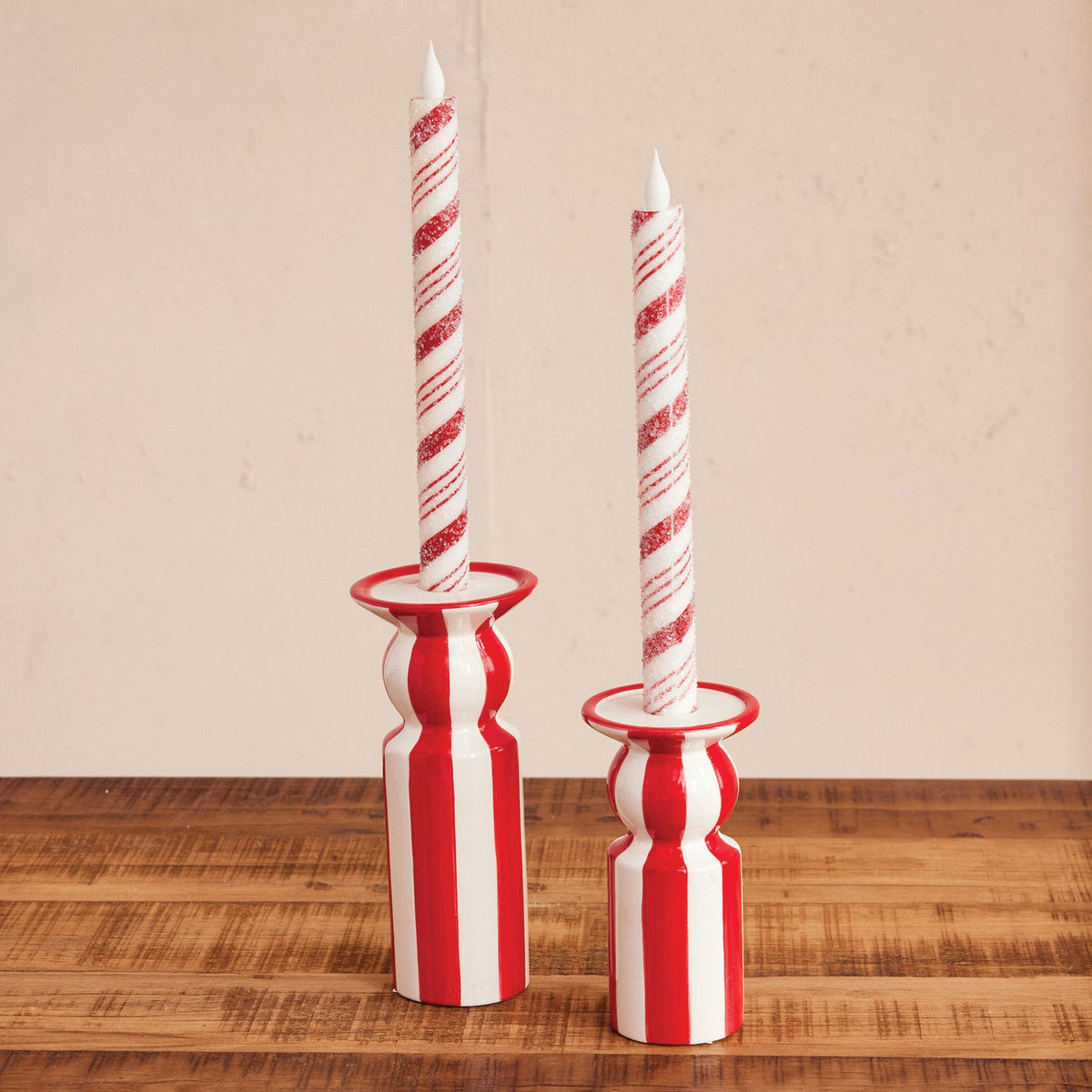 Design Shop Hand-Painted Ceramic Striped Taper Holder, Red & White
