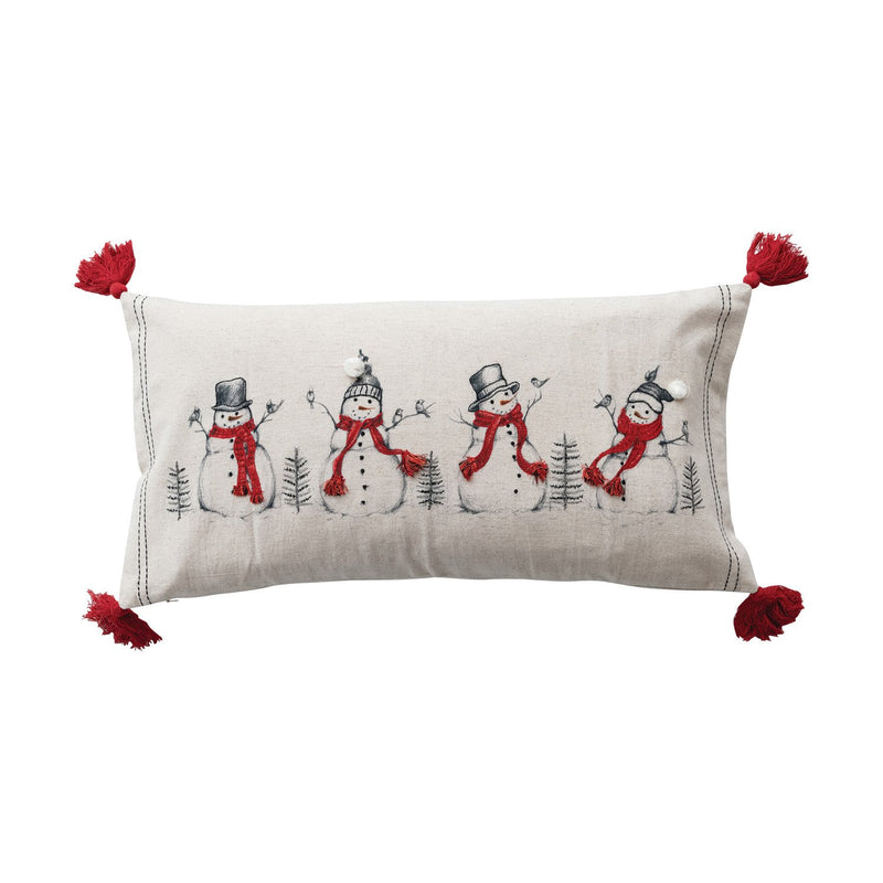 Design Shop Lumbar Pillow with Embroidered Snowmen & Birds Image