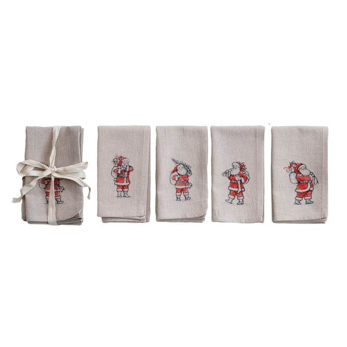 Design Shop Napkins with Embroidered Santa Image, Natural, Set of 4 Tied with Tape
