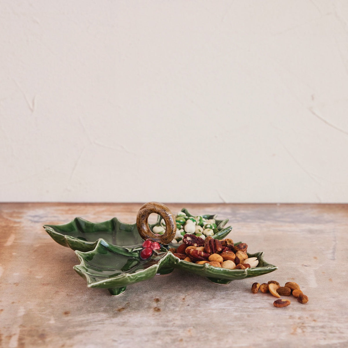 Design Shop Ceramic Holly Leaf Shaped Dish with 4 Sections & Handle