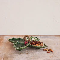 Design Shop Ceramic Holly Leaf Shaped Dish with 4 Sections & Handle