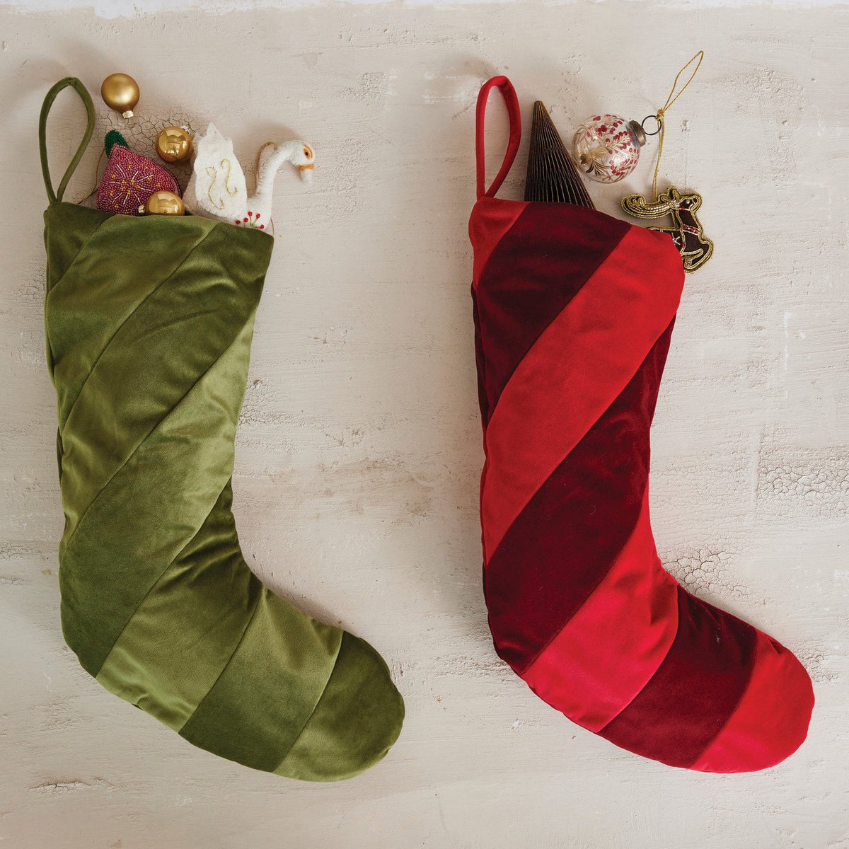 Design Shop 20"H Fabric Velvet Striped Stocking, Green
