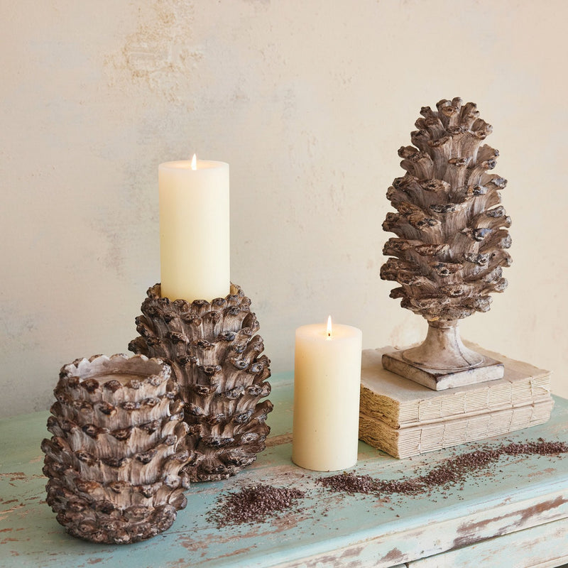 Design Shop Resin Pinecone Shaped Pillar Holder, Distressed Finish, Brown