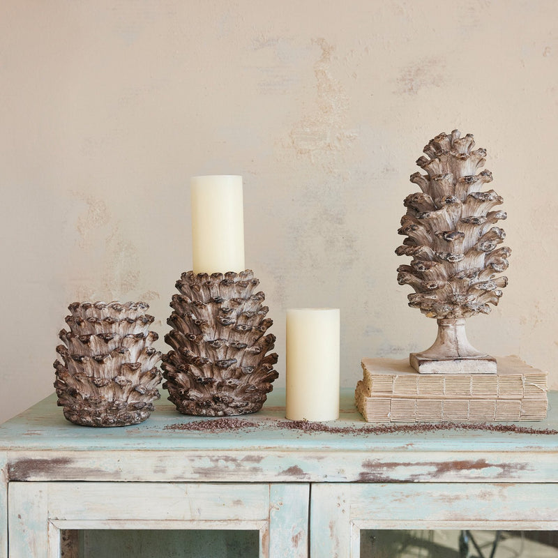 Design Shop Resin Pinecone Shaped Pillar Holder, Distressed Finish, Brown