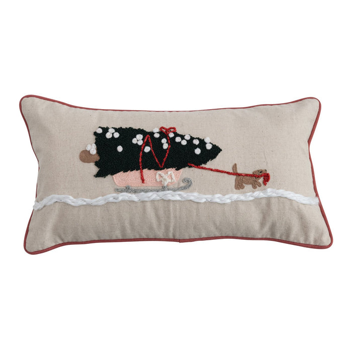 Design Shop Lumbar Pillow with Embroidery, Piping & Dog Pulling Sleigh