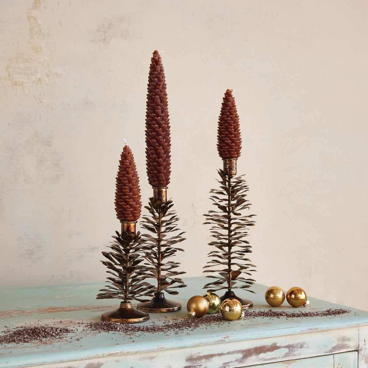 Design Shop Metal Pinecone Shaped Taper Holder, Antique Gold Finish