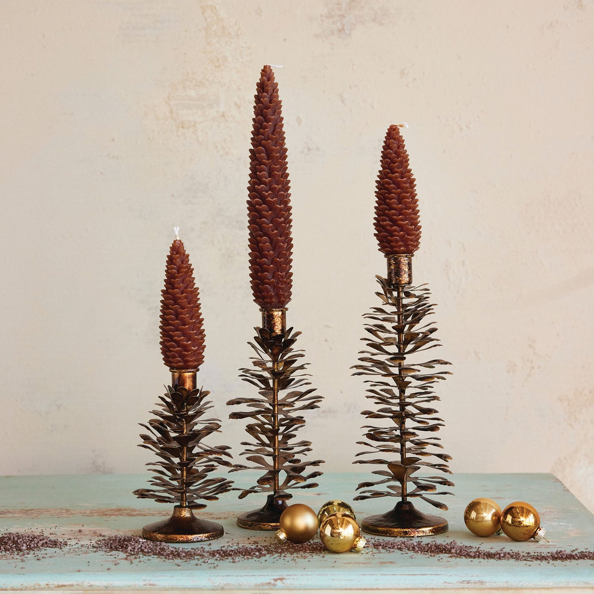 Design Shop Metal Pinecone Shaped Taper Holder, Antique Gold Finish