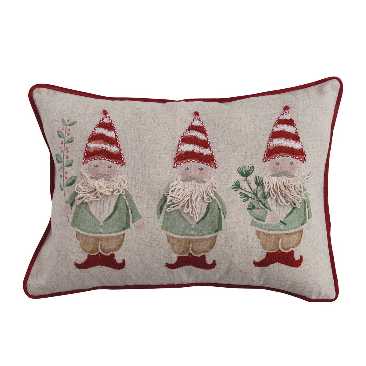 Design Shop Cotton & Linen Printed Lumbar Pillow with Embroidered Gnomes
