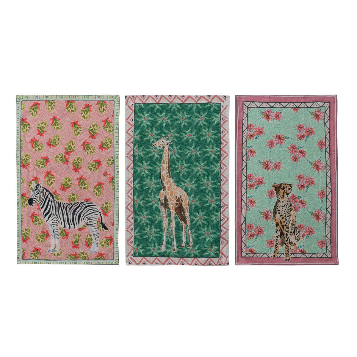 Design Shop Printed Tea Towel with Botanical Pattern & Safari Animal, Set of 3