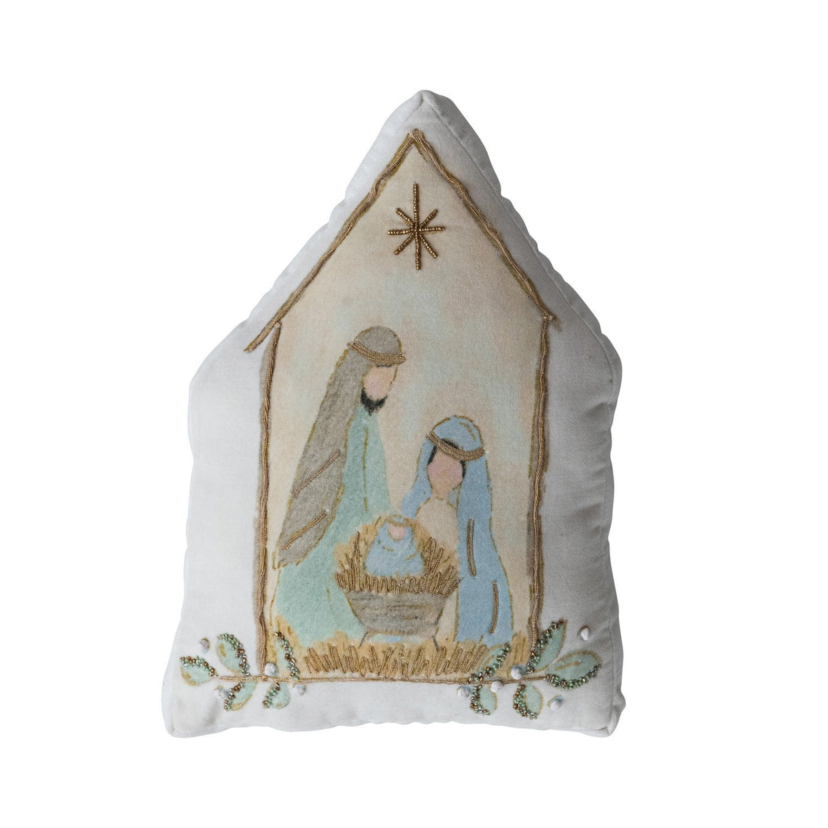 Design Shop Hand-Embroidered Velvet Pillow with Holy Family, French Knots & Beads