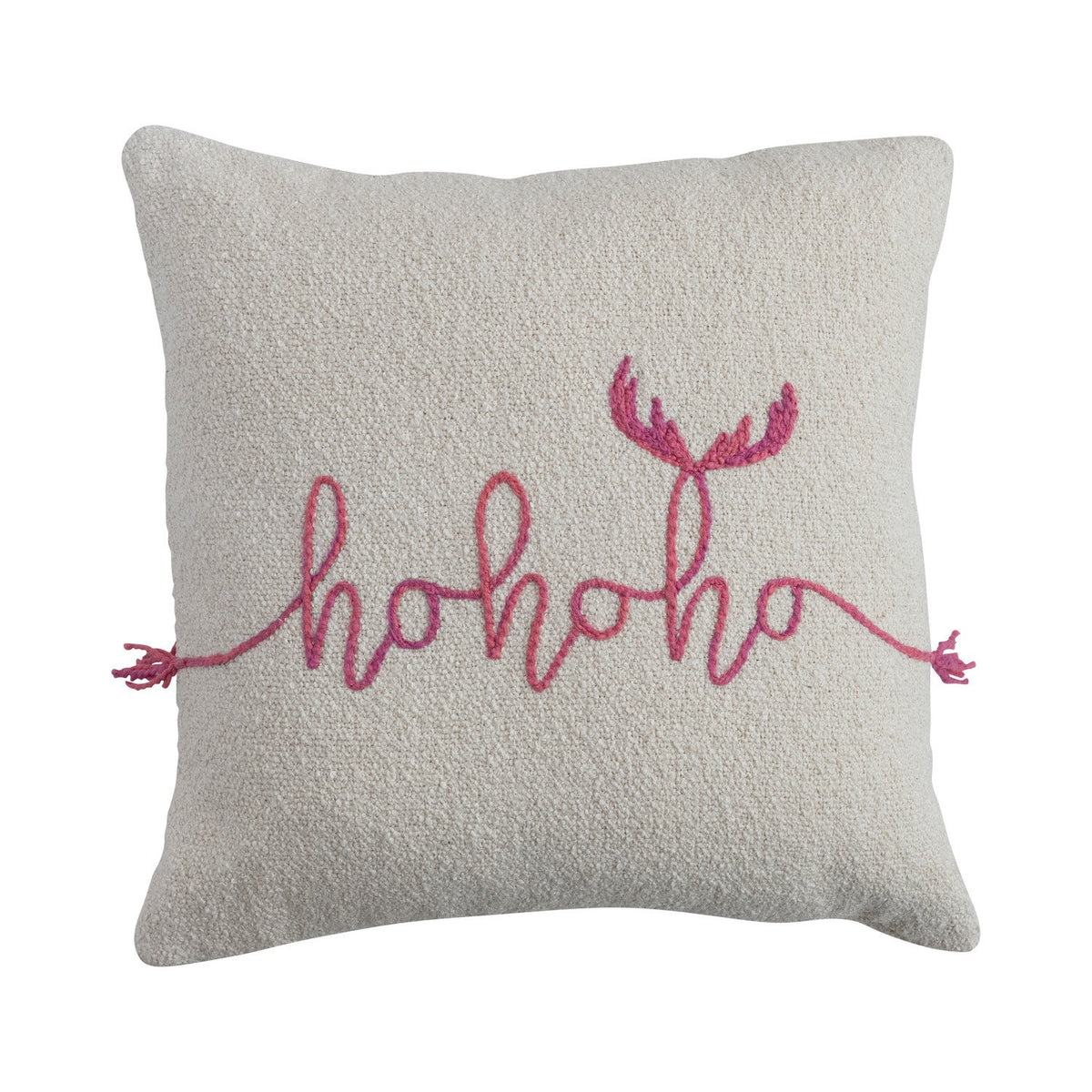 Design Shop 18" Square Cotton Slub Pillow with Embroidered "Ho Ho Ho" & Tassels