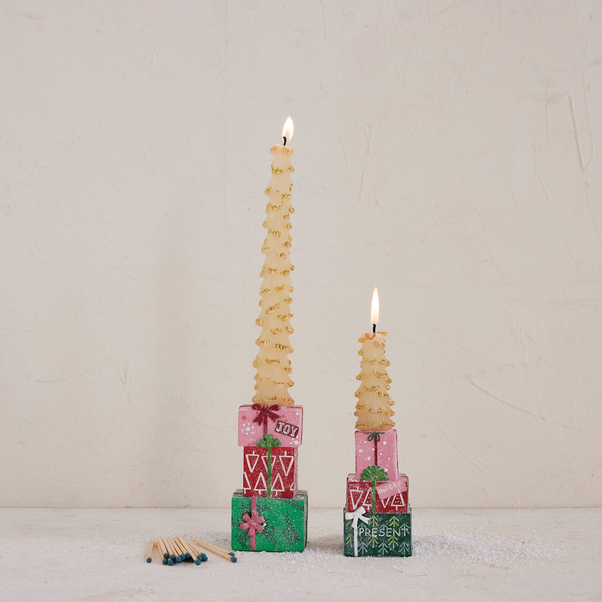 Design Shop 5"H & 4"H Resin Stacked Gifts Taper Holders, Set of 2