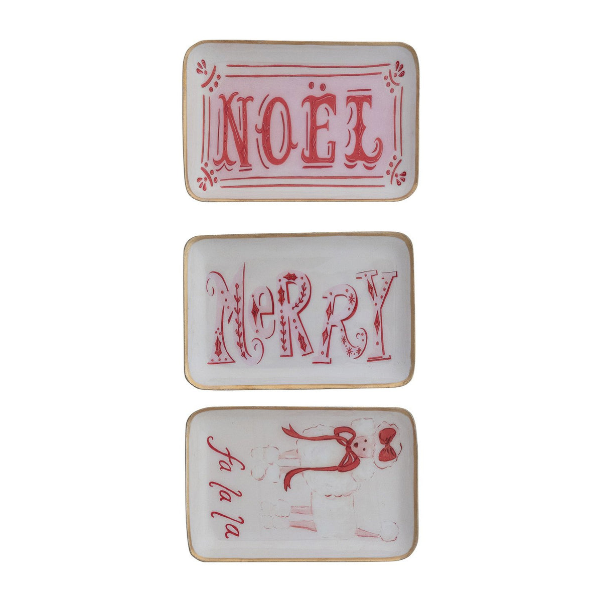 Design Shop Enameled Metal Tray with Holiday Saying, Image & Gold Edge, Set of 3