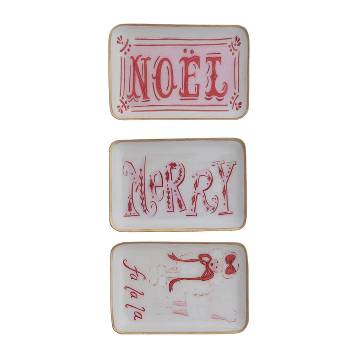 Design Shop Enameled Metal Tray with Holiday Saying, Image & Gold Edge, Set of 3