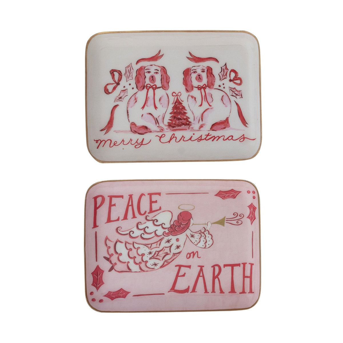 Design Shop Enameled Metal Tray with Holiday Saying, Image & Gold Edge, Set of 2