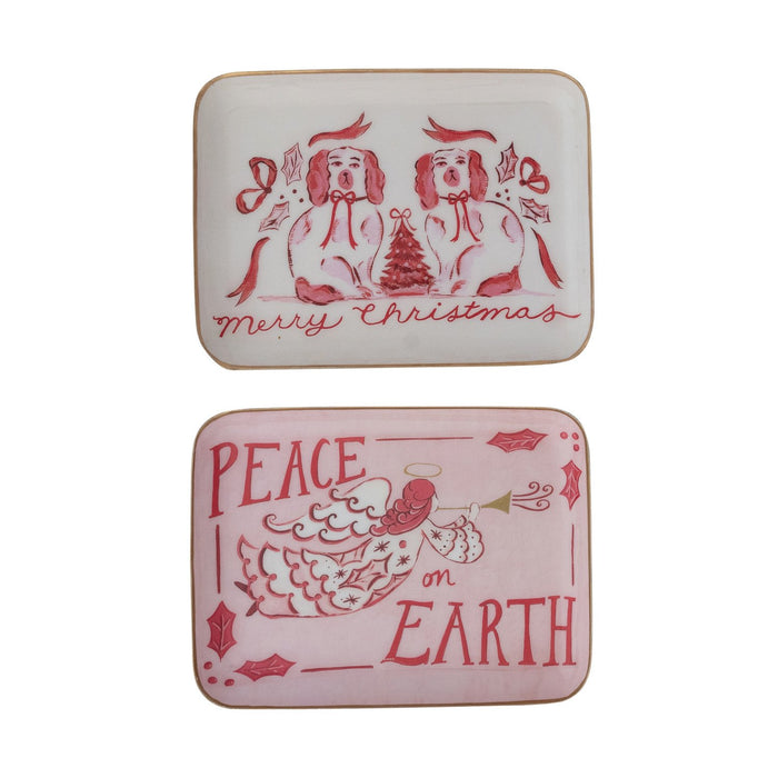 Design Shop Enameled Metal Tray with Holiday Saying, Image & Gold Edge, Set of 2