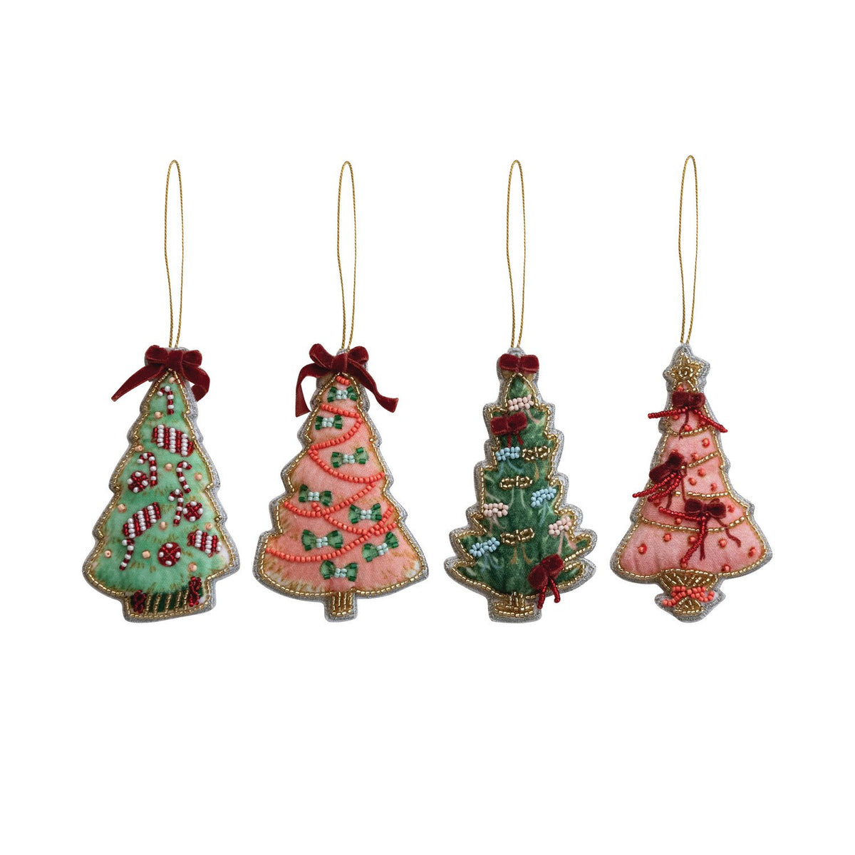 Design Shop Handmade Beaded Fabric Christmas Tree Ornament, Set of 4