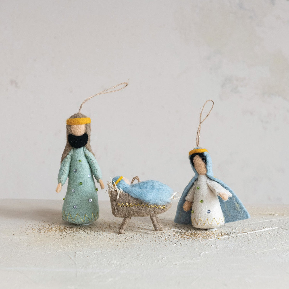 Design Shop Handmade Wool Felt Ornament with Metallic Thread Embroidery, Set of 3