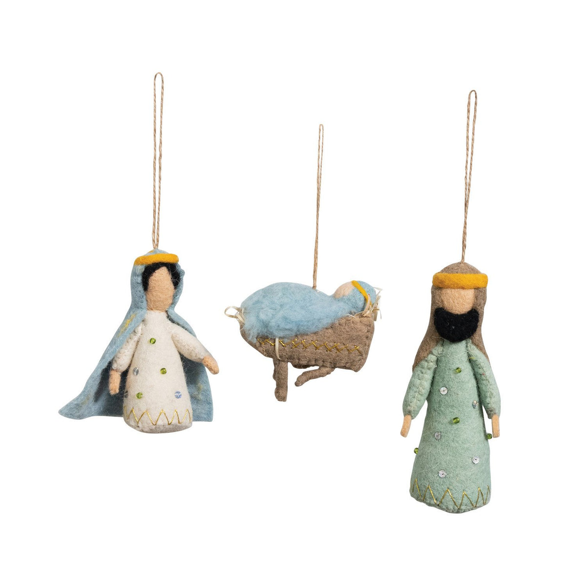 Design Shop Handmade Wool Felt Ornament with Metallic Thread Embroidery, Set of 3