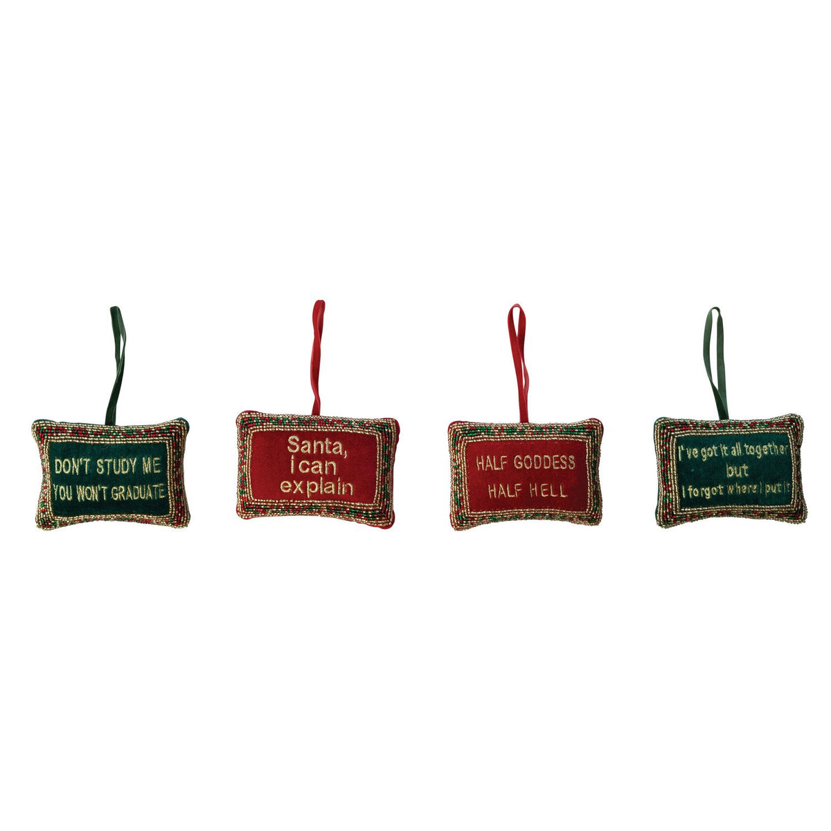 Design Shop Handmade Beaded Velvet Pillow Ornament with Embroidery, Set of 4