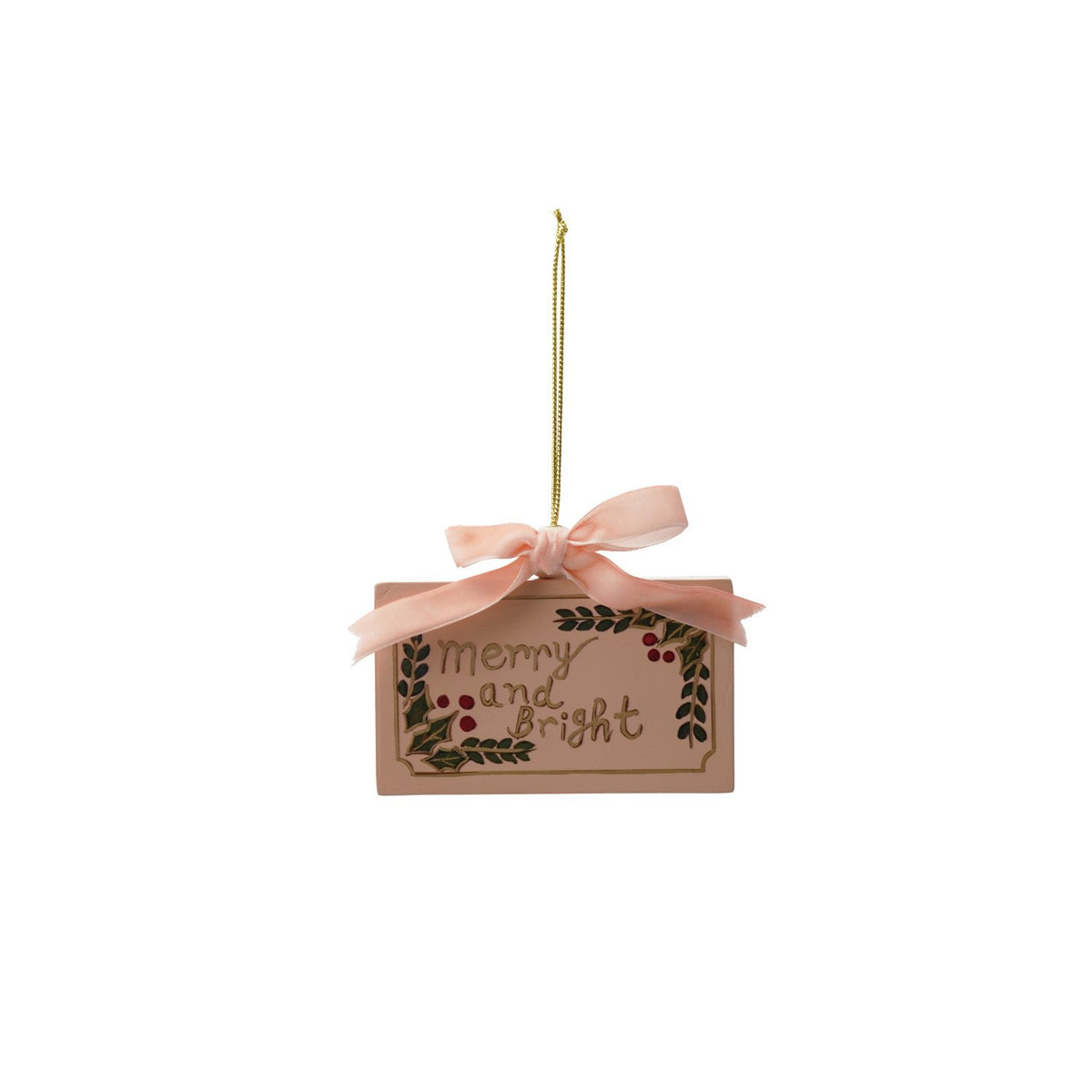 Design Shop 4"L Wood Ornament with Velvet Bow "Merry and Bright", Multi Color