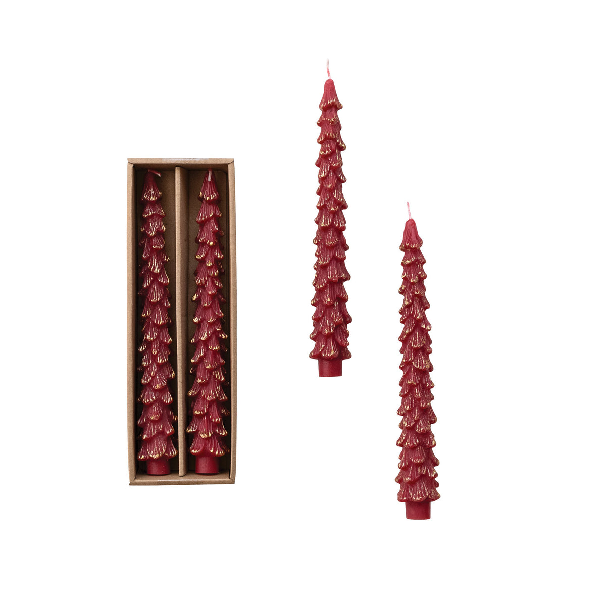 Design Shop Gold-Tipped Burgundy Tree Taper Candles, 10"H, Set of 2