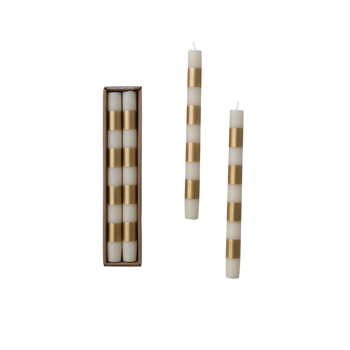 Design Shop Cream and Gold Striped Taper Candles, 10"H, Set of 2