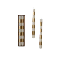 Design Shop Cream and Gold Striped Taper Candles, 10"H, Set of 2