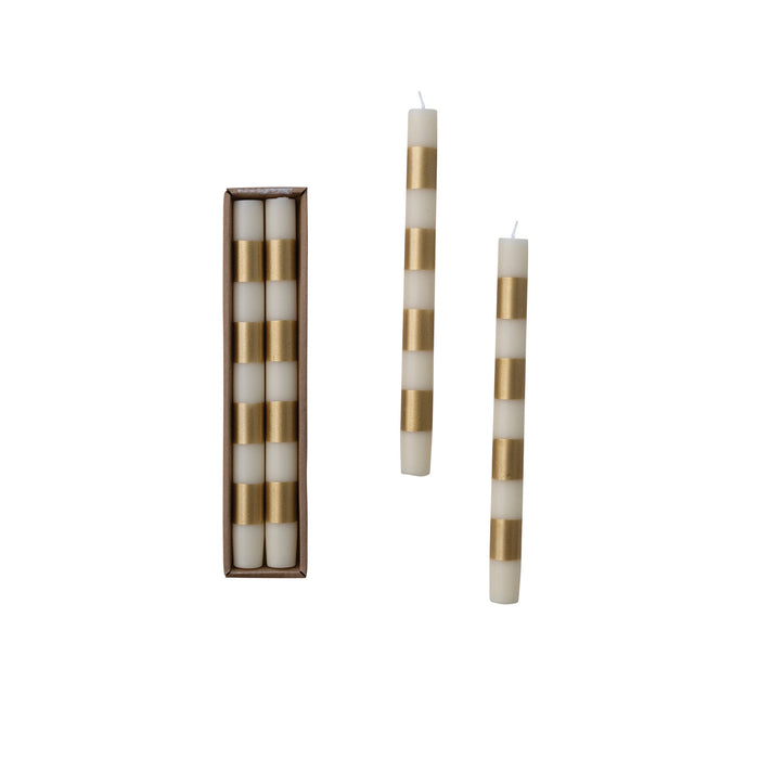 Design Shop Cream and Gold Striped Taper Candles, 10"H, Set of 2