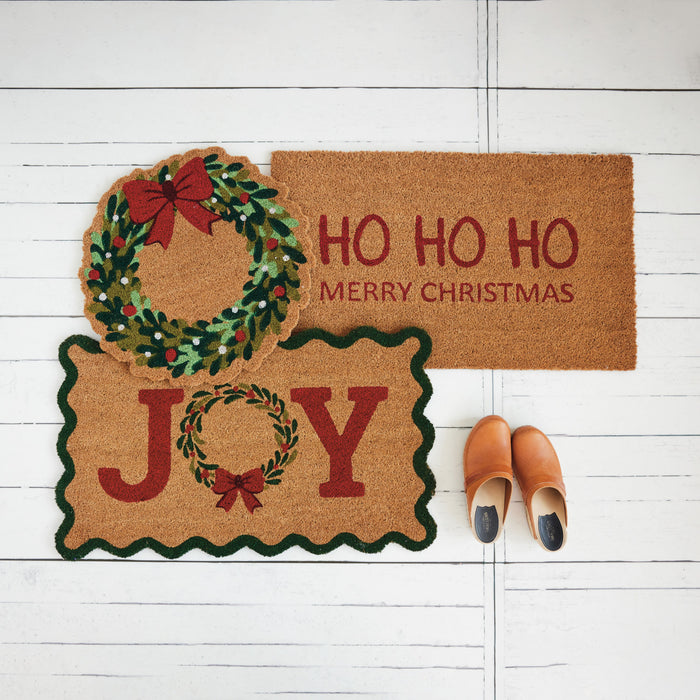 Design Shop Natural Coir Scalloped JOY Doormat with Wreath and Bow