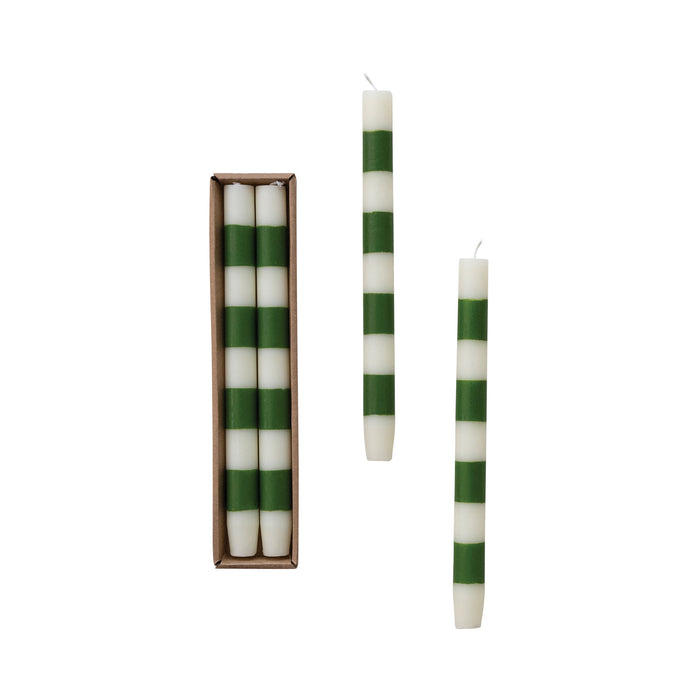 Design Shop Cream and Green Striped Taper Candles, 10"H, Set of 2
