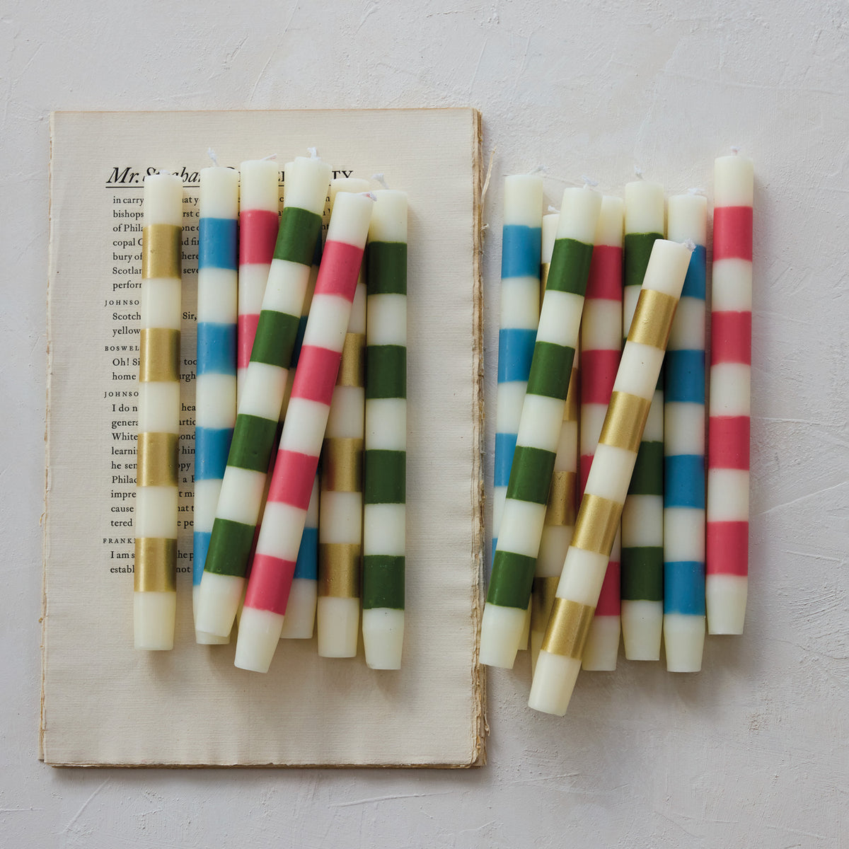 Design Shop Cream and Green Striped Taper Candles, 10"H, Set of 2