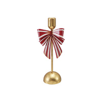 Design Shop Gold Taper Holder with Red and White Striped Bow, 11"H