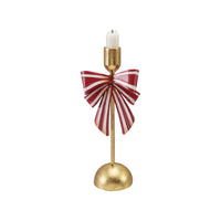 Design Shop Gold Taper Holder with Red and White Striped Bow, 11"H