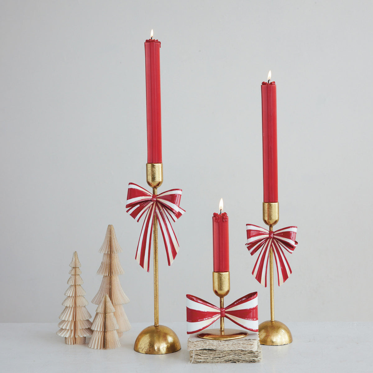 Design Shop Gold Taper Holder with Red and White Striped Bow, 11"H