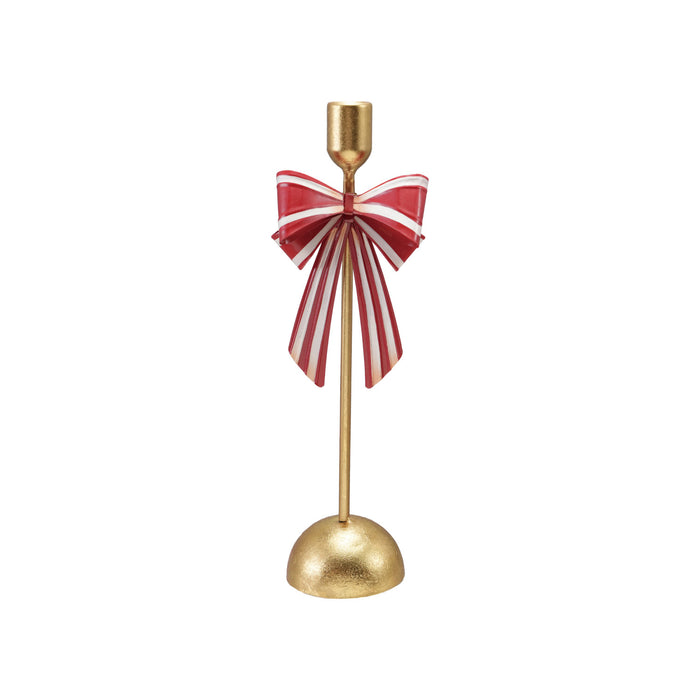 Design Shop Gold Taper Holder with Red and White Striped Bow, 14"H