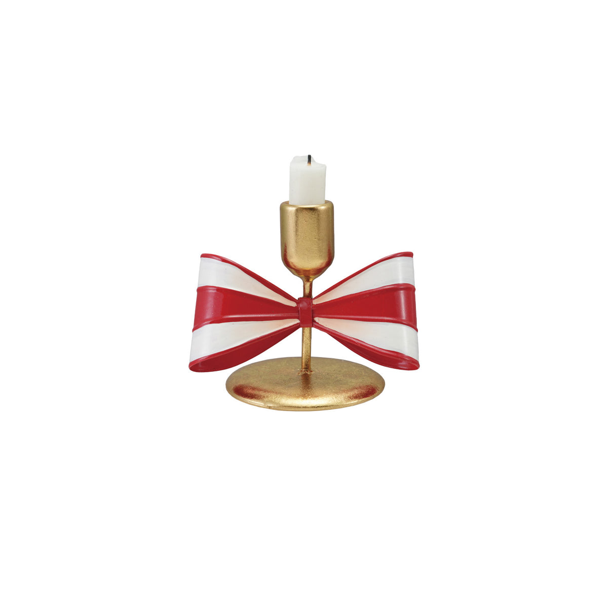 Design Shop Gold Taper Holder with Red and White Striped Bow, 4.5"H
