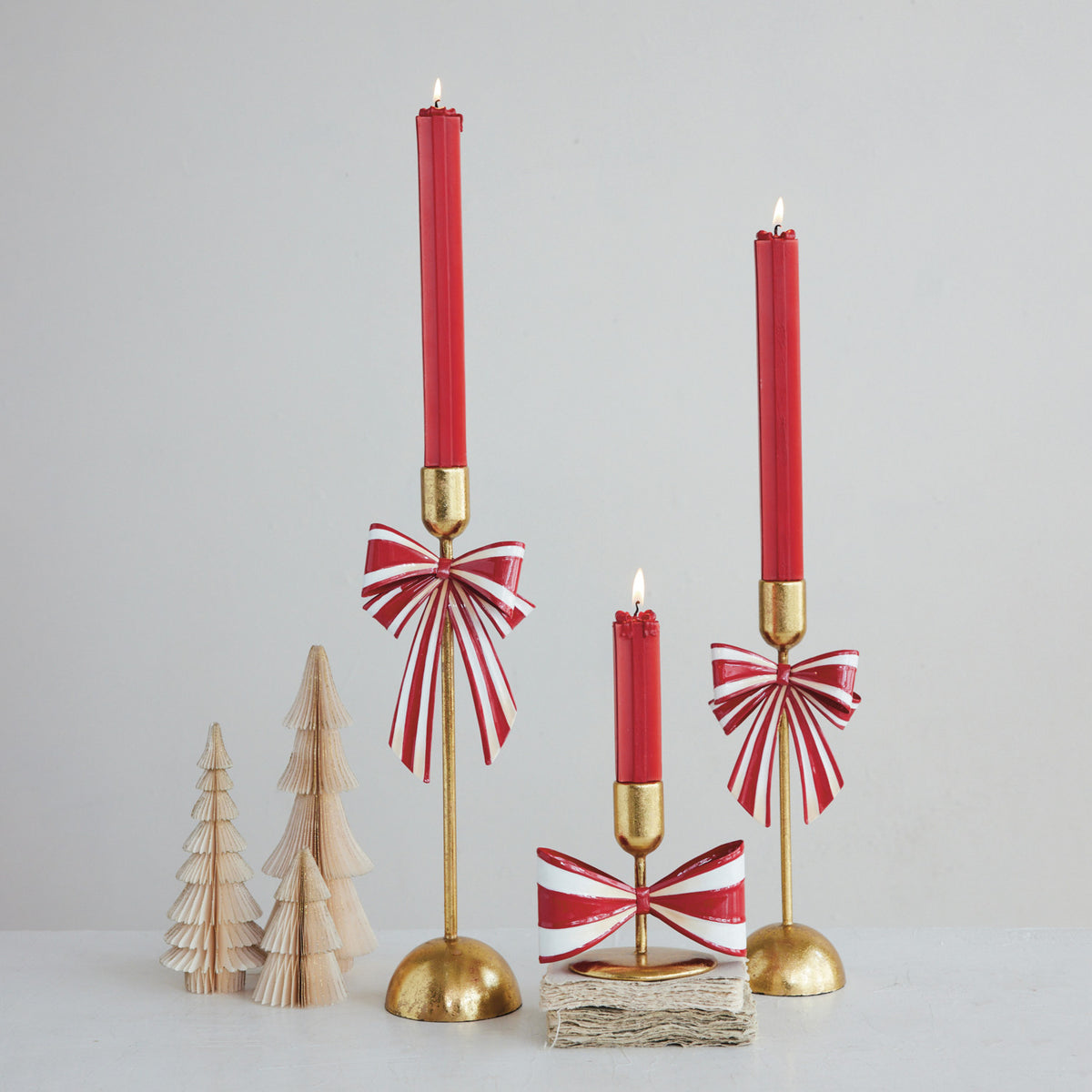 Design Shop Gold Taper Holder with Red and White Striped Bow, 4.5"H