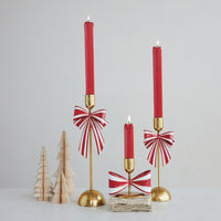 Design Shop Gold Taper Holder with Red and White Striped Bow, 4.5"H