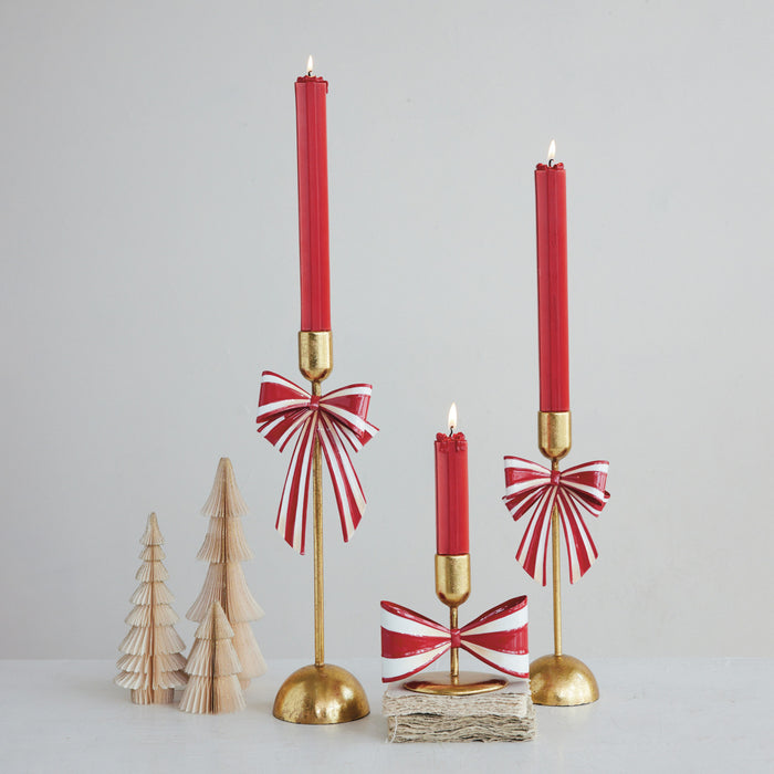 Design Shop Gold Taper Holder with Red and White Striped Bow, 4.5"H