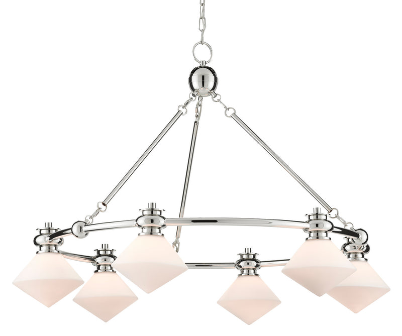 Currey and Company - 9000-0615 - Six Light Chandelier - Rycroft - Polished Nickel/White