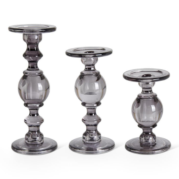 Set of 3 Gray Transparent Glass Taper/Pillar Candleholders