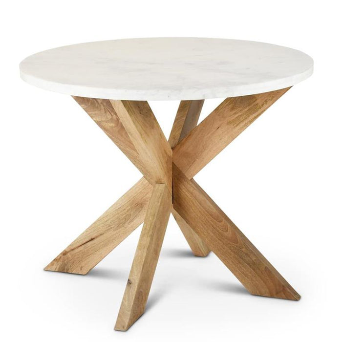 36 Inch White Marble Top Table w/Natural Mango Wood Cross Buck Legs