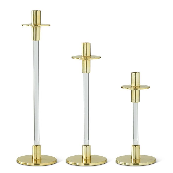 Set of 3 Clear Acrylic & Gold Metal Slender Taper Candleholders
