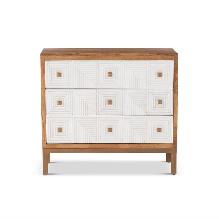 40 Inch 3 Drawer Natural Mango Wood Chest w/White Carved Drawers