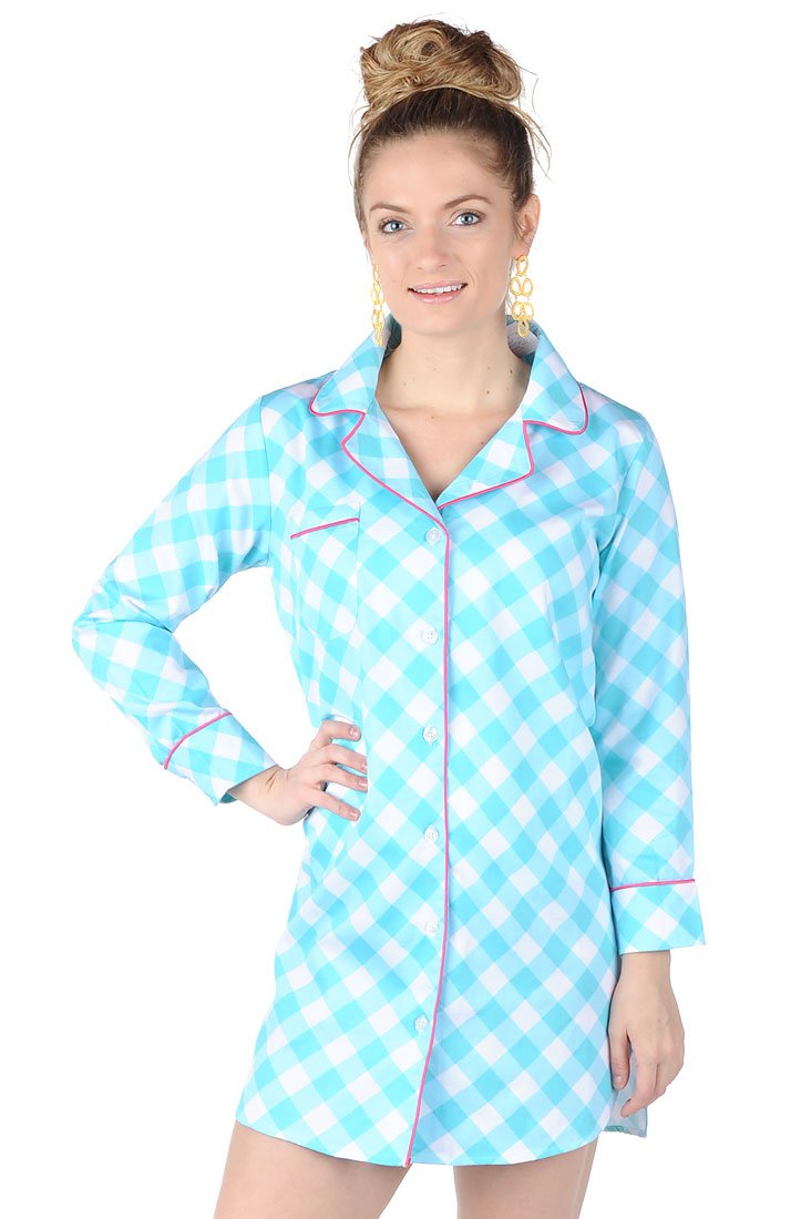 Gingham Turquoise Sateen Sleep Shirt