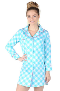Gingham Turquoise Sateen Sleep Shirt