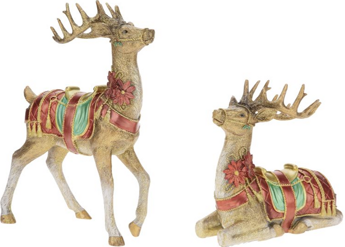 Two glittery gold deer statues with teal, red, and emerald saddles, red floral accents; one standing, one reclining, white
